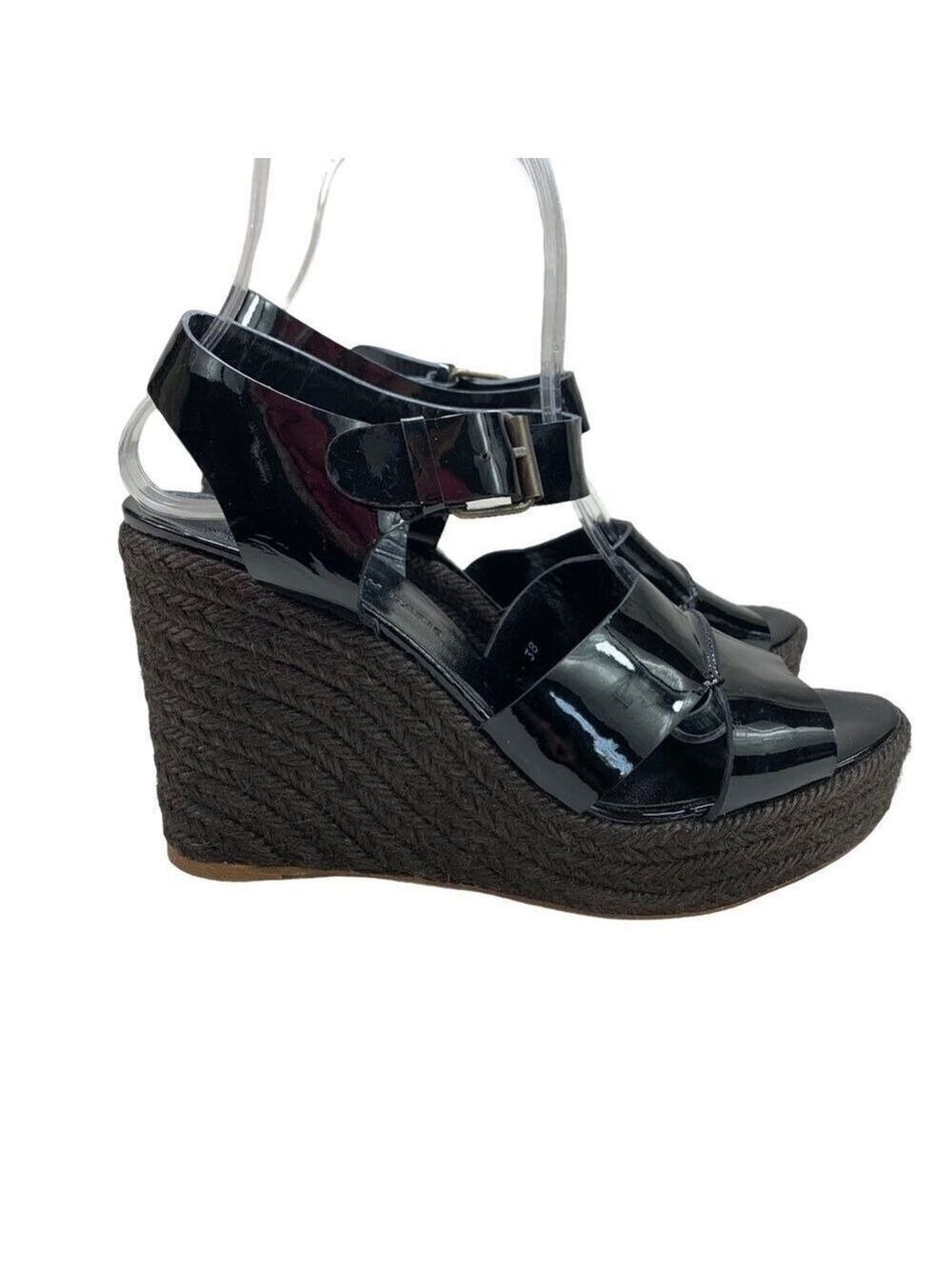 Tila March Paris Black Patent Leather Espadrille Wedge Sandals 38